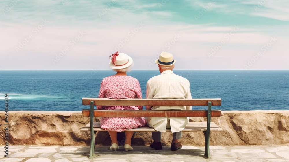 Generative AI, A senior couple looking to the ocean or sea, having fun at the beach