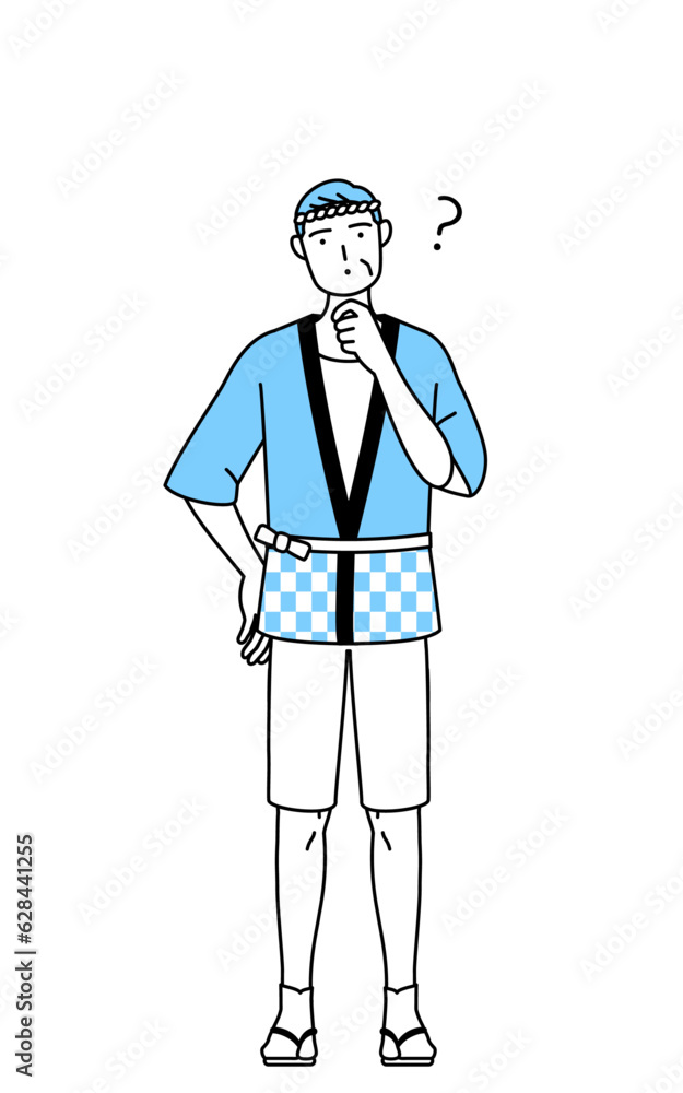 疑問を持って首をかしげる夏祭りの法被を着たシニア男性