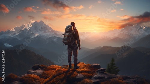 Portrait of a lone hiker on a mountain peak during golden hour. AI Generative