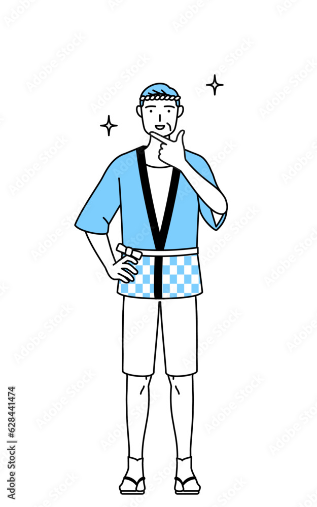 自信家のポーズを取る夏祭りの法被を着たシニア男性