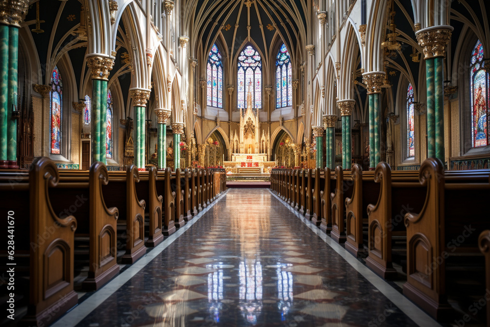 the grandeur of a church's architectural features, such as towering spires, intricate stained glass windows, and ornate stone carvings, showcasing the beauty and craftsmanship of t Generative AI