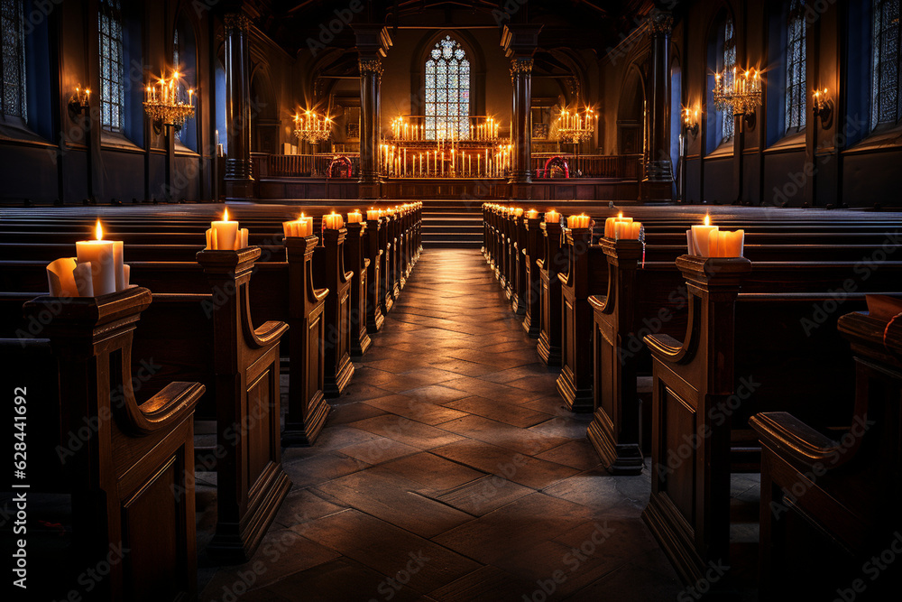 a peaceful scene inside a church, with soft lighting, rows of pews, and the glow of candlelight, evoking a sense of tranquility and spiritual contemplation. Generative AI