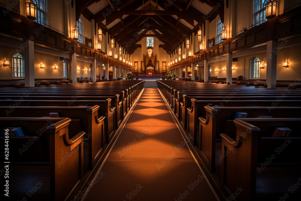 a peaceful scene inside a church, with soft lighting, rows of pews, and the glow of candlelight, evoking a sense of tranquility and spiritual contemplation. Generative AI