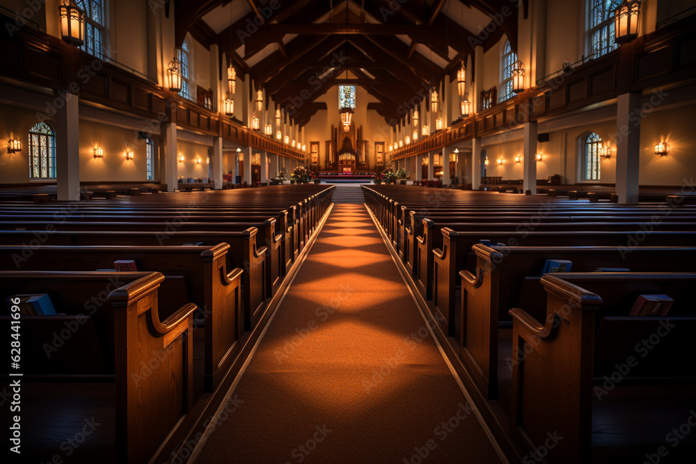 a peaceful scene inside a church, with soft lighting, rows of pews, and the glow of candlelight, evoking a sense of tranquility and spiritual contemplation. Generative AI a peaceful scene inside a church, with soft lighting, rows of pews, and the glow of candlelight, evoking a sense of tranquility and spiritual contemplation. Generative AI