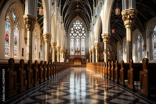 the grandeur of a church s architectural features  such as towering spires  intricate stained glass windows  and ornate stone carvings  showcasing the beauty and craftsmanship of t Generative AI
