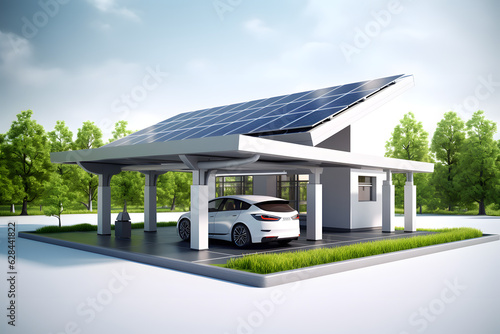 model house with Solar Panel on the roof 3D illustration. Renewable energy concept