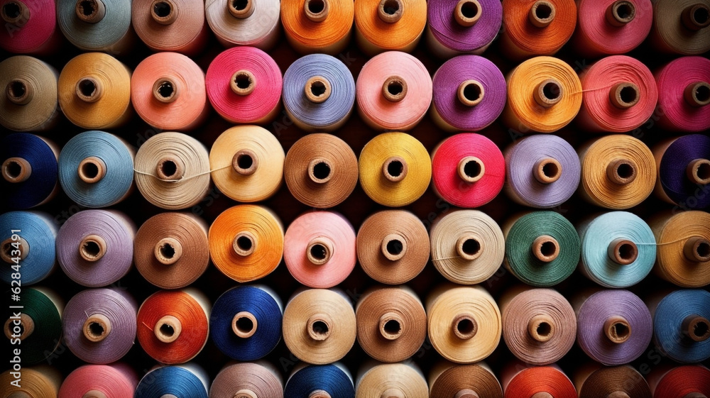 Many colorful sewing threads background