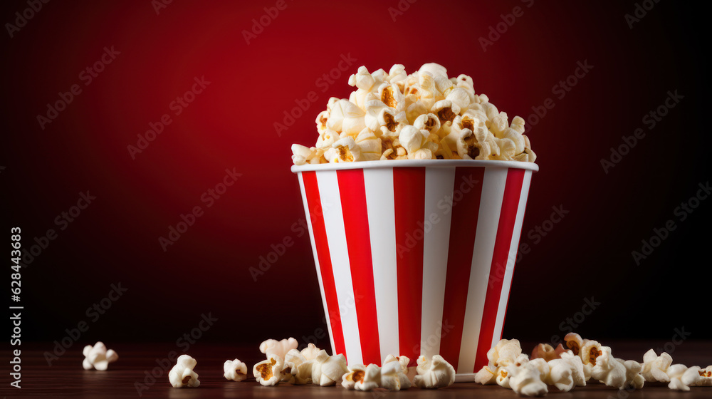 Red and white popcorn bucket with popcorn empty background, , place for text, dark red bokeh blur background Red and white popcorn bucket with popcorn empty background, , place for text, dark red bokeh blur background