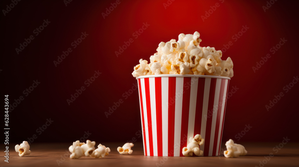 Red and white popcorn bucket  with popcorn empty background, , place for text, dark red bokeh blur background