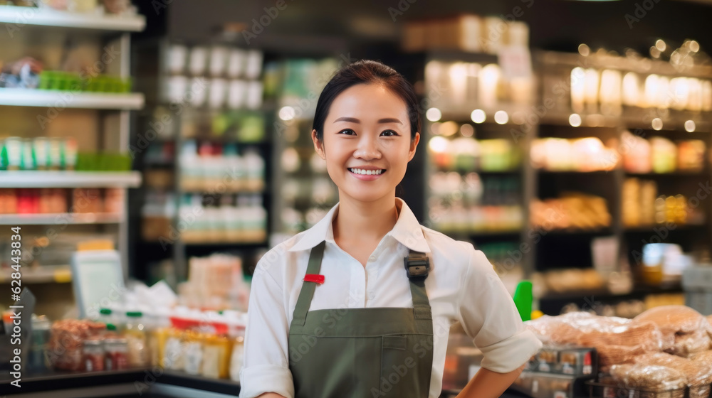 Smiling Asian Employee in Grocery Store