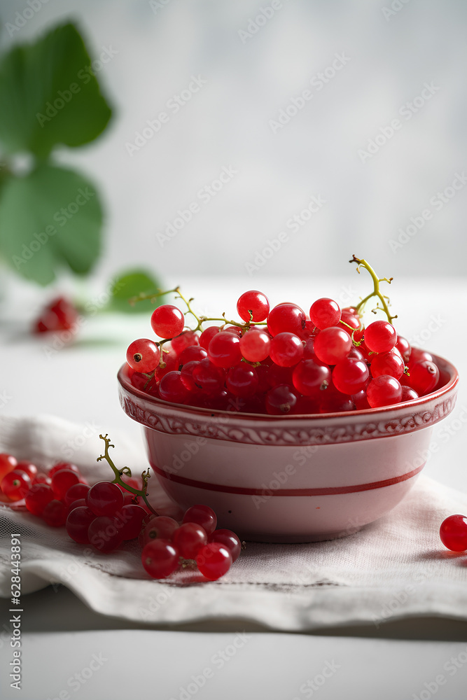 Fresh berries of red currant in the bowl surrounded with fresh berries on the table Fresh berries of red currant in the bowl surrounded with fresh berries on the table