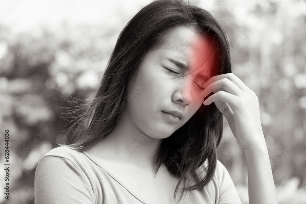 Fototapeta premium asian woman suffering from irritated eye; concept of optical health care, red eye allergy, eye care, allergic or itching or dry eye inflammation; young adult asian woman model