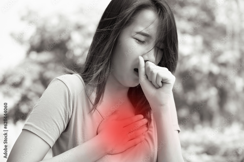 sick asian woman having sore throat; concept of sickness with coughing