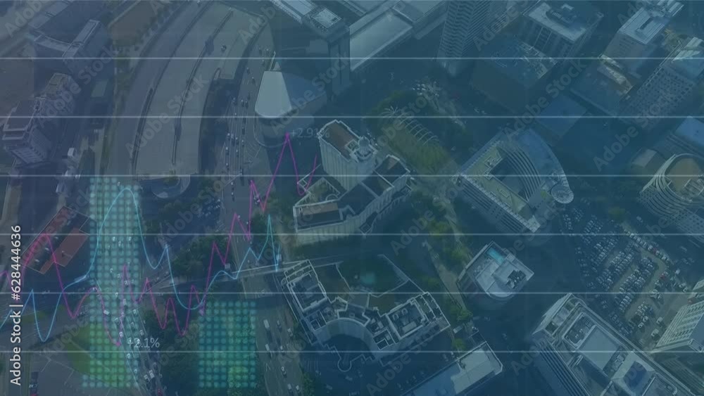 Animation of statistical data processing against aerial view of cityscape Animation of statistical data processing against aerial view of cityscape