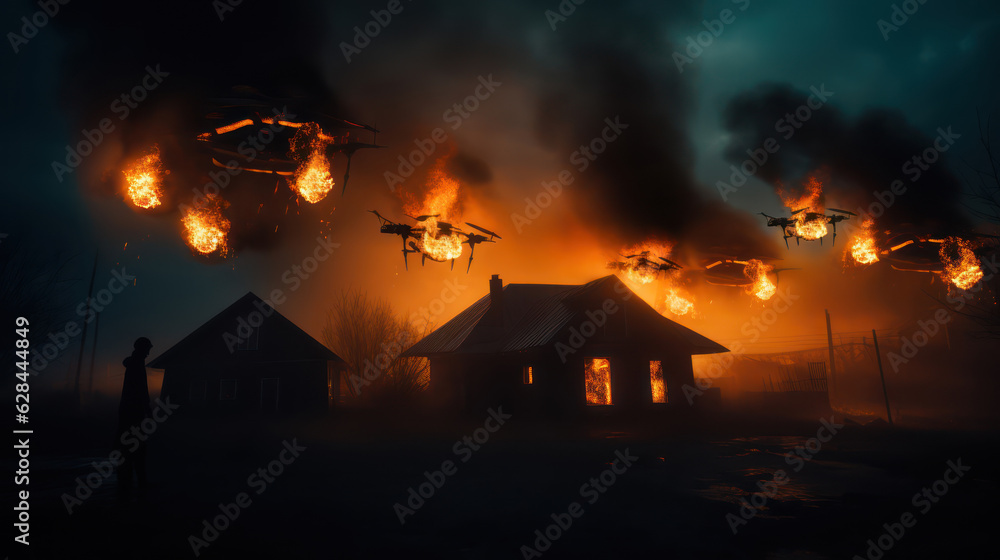 Three black flying drones fly over, blurred burning house background 