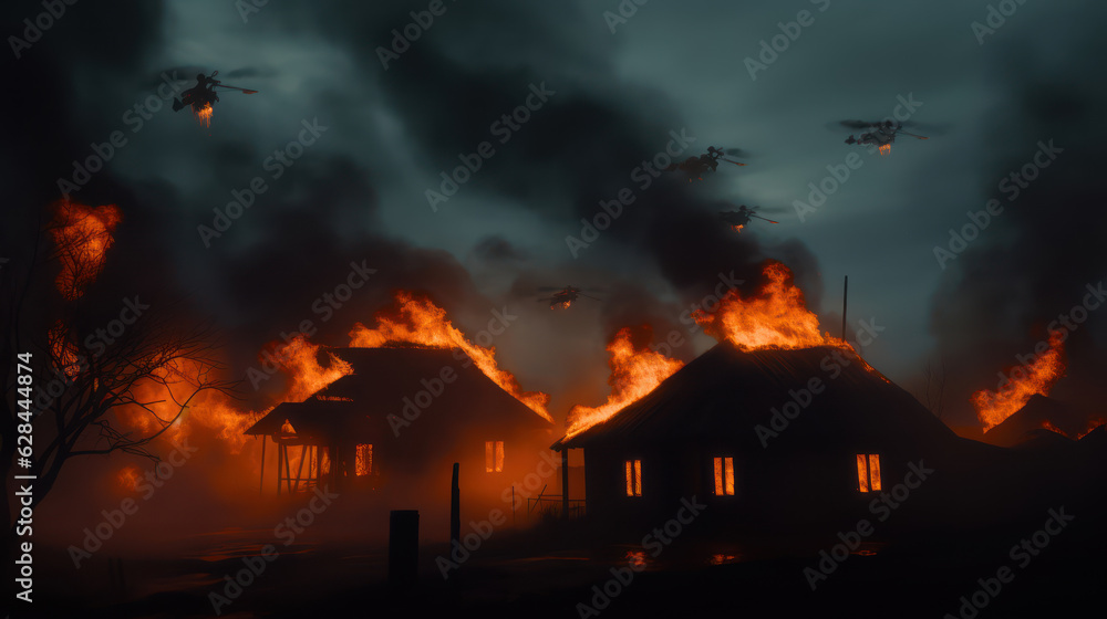 Three black flying drones fly over, blurred burning house background Three black flying drones fly over, blurred burning house background