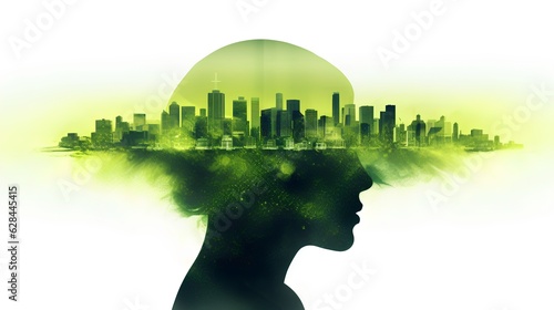Green thinking concept, female head silhouette. Inside the silhouette are urban buildings, symbolizing the incorporation of sustainability in urban planning and design. Generative AI #628445415