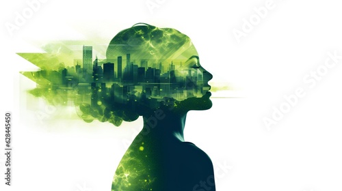 Green thinking concept, female head silhouette. Inside the silhouette are urban buildings, symbolizing the incorporation of sustainability in urban planning and design. Generative AI #628445450
