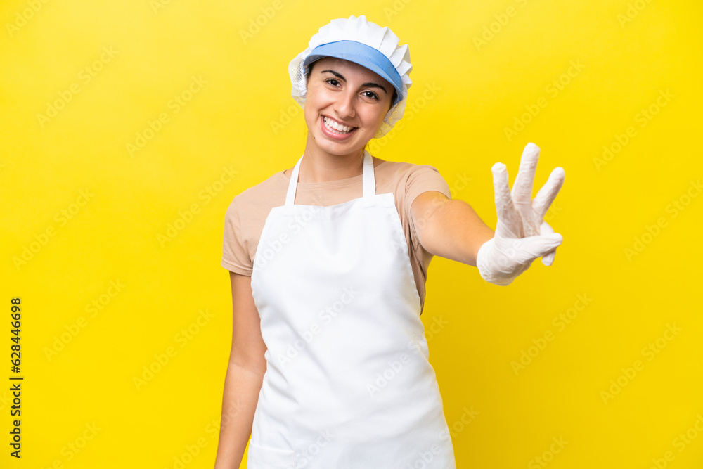 Fishwife woman over isolated background happy and counting three with fingers