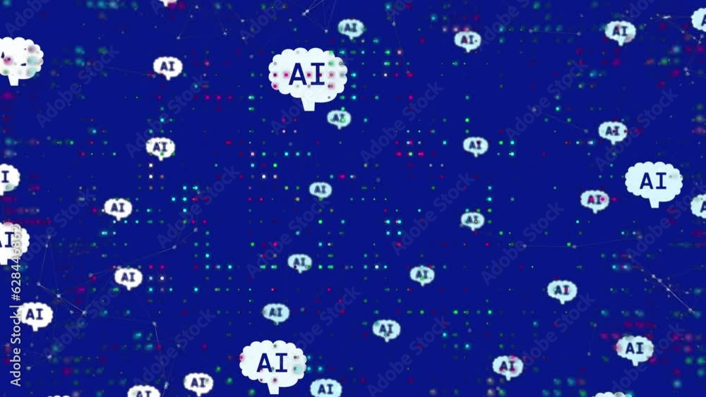 Animation of ai data processing and icons over blue background Animation of ai data processing and icons over blue background