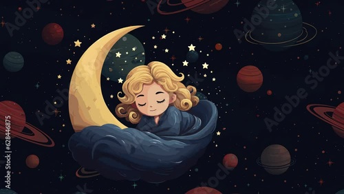 lullaby sleeping video for kids, baby girl sleep on the moon looping
