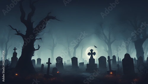 Graveyard in spooky death Forest At Halloween Night, Halloween Night Amongst the Tombstones