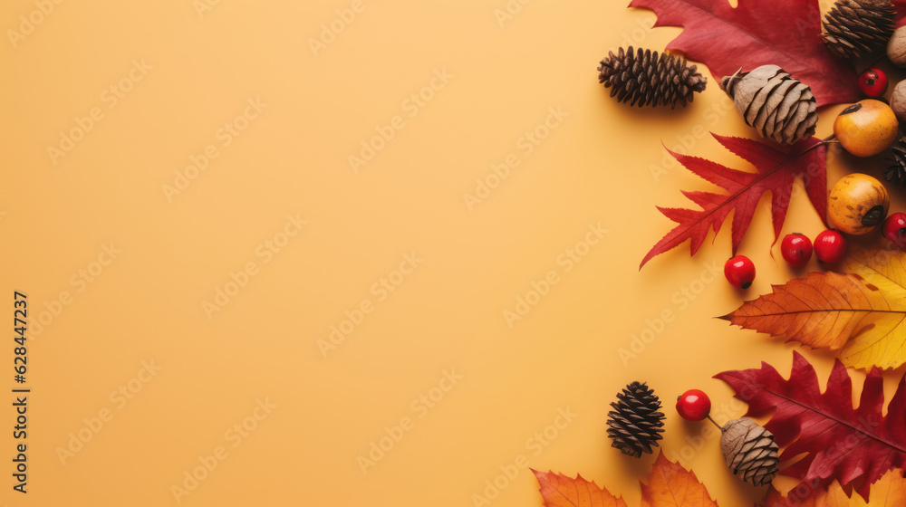Frame of colorful red and yellow autumn leaves with cones and rowan berries on trendy beige background. First day of school, back to school, fall concept 
