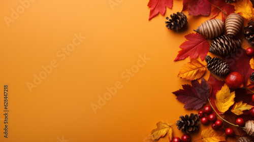Fototapeta Naklejka Na Ścianę i Meble -  Frame of colorful red and yellow autumn leaves with cones and rowan berries on trendy beige background. First day of school, back to school, fall concept 