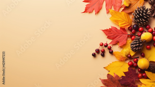 Fototapeta Naklejka Na Ścianę i Meble -  Frame of colorful red and yellow autumn leaves with cones and rowan berries on trendy beige background. First day of school, back to school, fall concept 