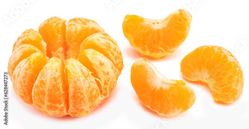 Ripe mandarin fruits and peeled mandarin slices on white background.