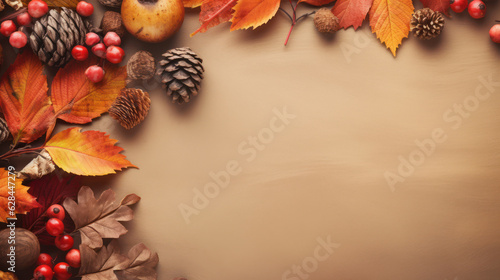 Fototapeta Naklejka Na Ścianę i Meble -  Frame of colorful red and yellow autumn leaves with cones and rowan berries on trendy beige background. First day of school, back to school, fall concept 