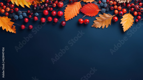 Frame of colorful red and yellow autumn leaves with cones and rowan berries on trendy indigo green background
