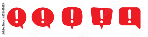 Speech bubble with exclamation mark. Red attention sign icon. Hazard warning symbol. Vector illustration in flat style.