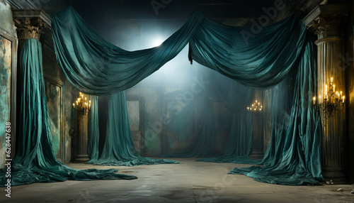 Ancient Room with Green Draped Curtains: Post-Apocalyptic Backdrop, Dark Turq...