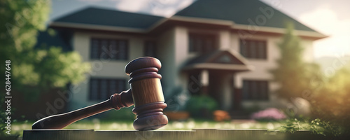 Judge gavel on background of a private house. The concept of land, construction, housing, family, bankruptcy law and home purchase