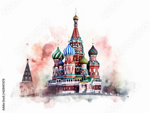 Saint Basil's cathedral situated in the Red square in Moscow, Russia. Watercolor illustration. Travel concept. 