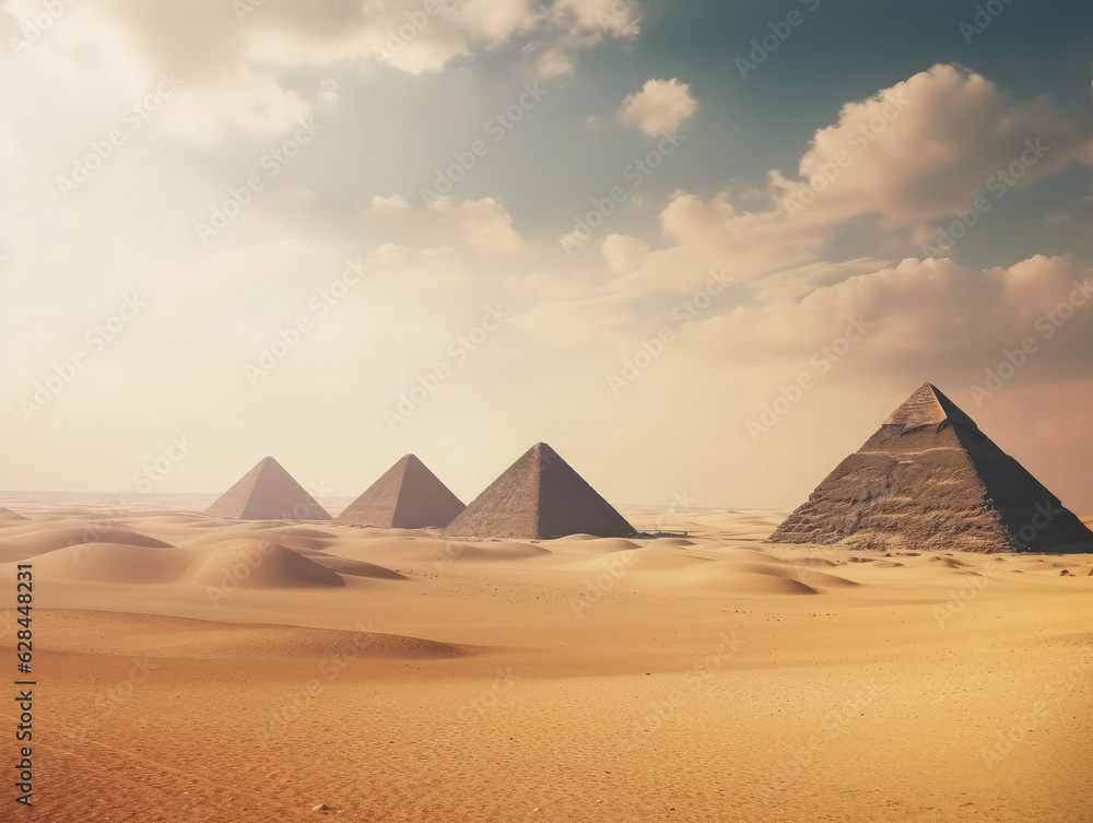 Egyptian landscape with pyramids in the desert. Archeology and travel concept. Ancient egypt civilization. 