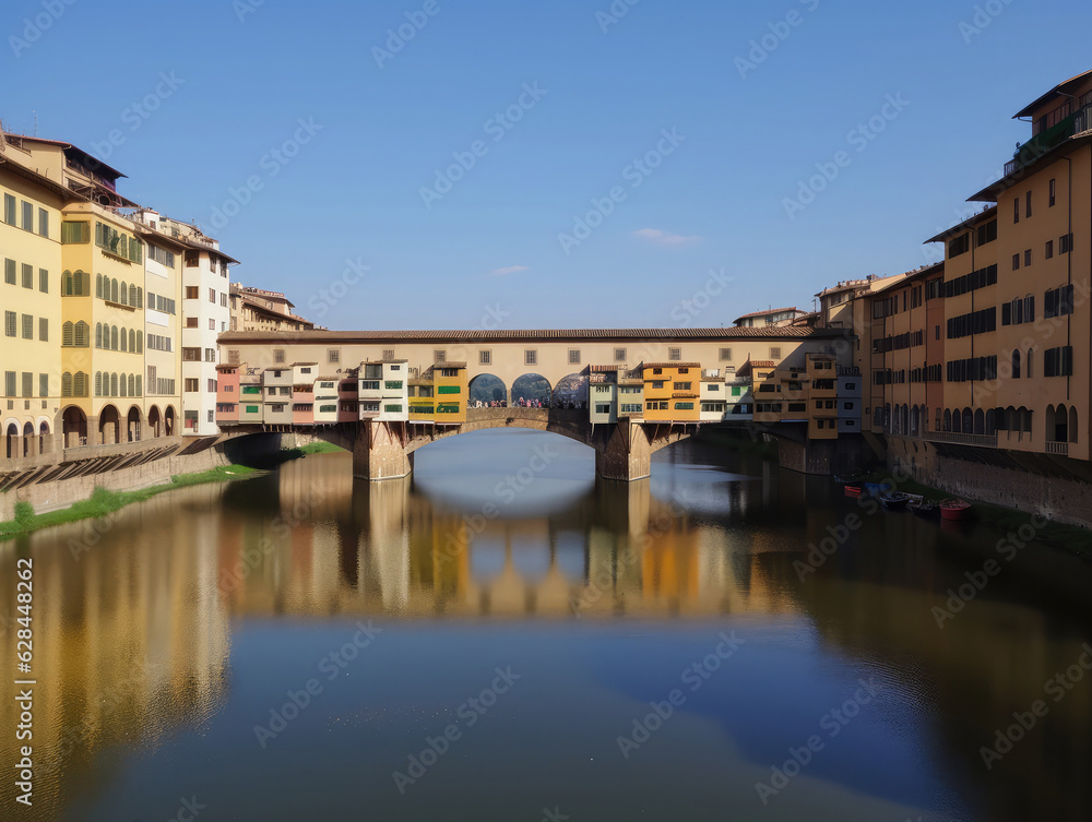 The Ponte Vecchio (Old Bridge) in Florence, Italy, seen on a clear sunny day. Frontal view. Travel photography