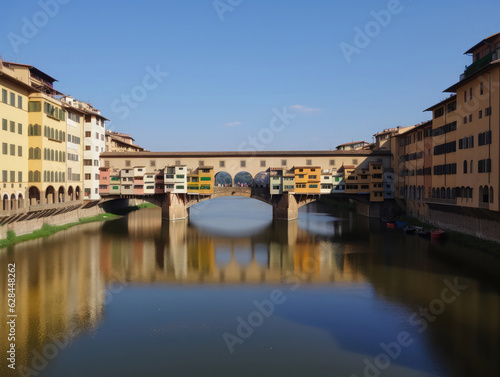 The Ponte Vecchio (Old Bridge) in Florence, Italy, seen on a clear sunny day. Frontal view. Travel photography © CostantediHubble