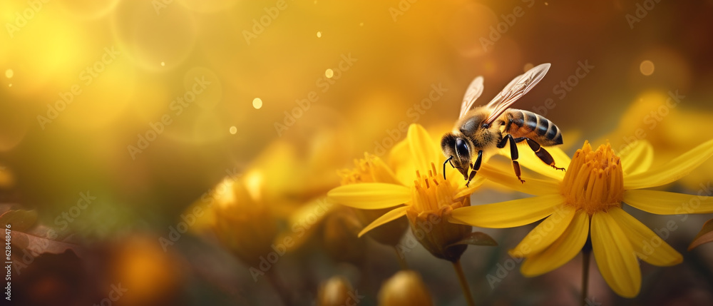Naklejka premium Honey bee on yellow flower collect pollen