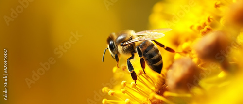 Honey bee on yellow flower collect pollen