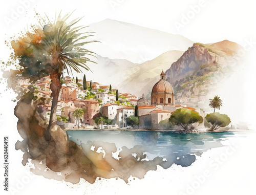 Panoramic view of a small old coastal town in Sicily, Italy, on the mediterranean sea. Watercolor illustration