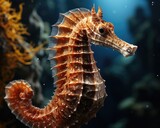 A sea horse swims near rocks in the water. (Generative AI)