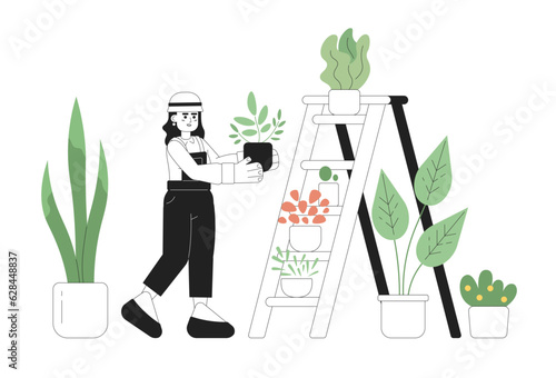 Blonde woman takes care of plants 2D vector monochrome isolated spot illustration. Hobby flat hand drawn girl put flower pot on ladder on white background. Editable outline cartoon scene