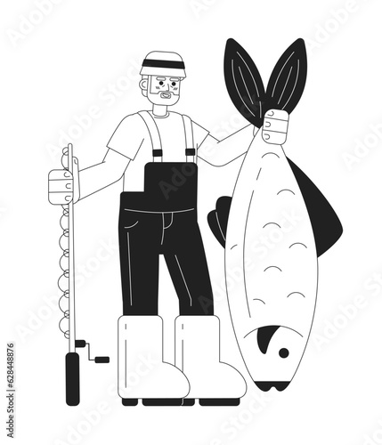 Old fisherman holding fishing rod monochrome concept vector spot illustration. Senior man hobby 2D flat bw cartoon character on white for web UI design. Isolated editable hand drawn hero image