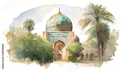 Uzbekistan watercolor illustration. Typical mosque architecture surrounded by vegetation. Central asia travel concept. 