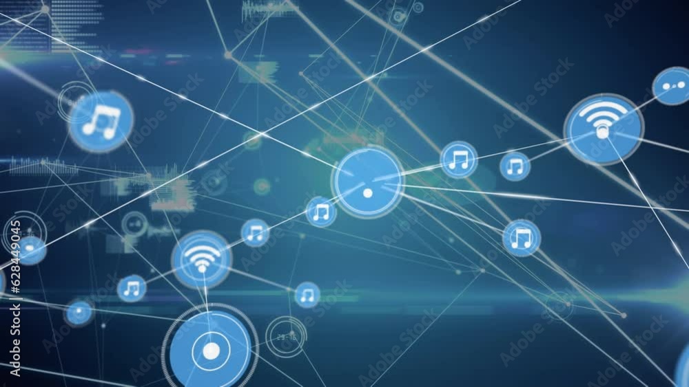 Animation of music and wifi icons connected with lines over soundwaves, computer language Animation of music and wifi icons connected with lines over soundwaves, computer language