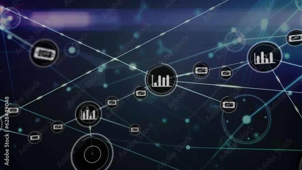 Animation of graphs and phone icons with dots connected with lines on abstract background Animation of graphs and phone icons with dots connected with lines on abstract background