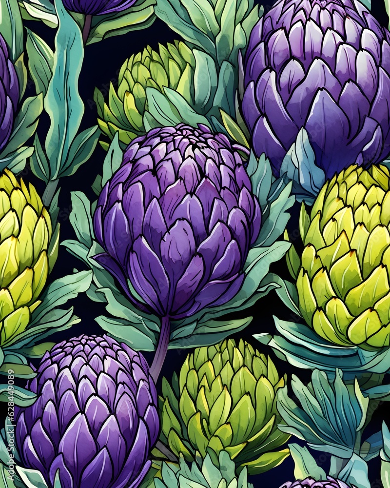 Fototapeta premium Artichoke tileable watercolor hand drawn seamless pattern created with Generative AI technology
