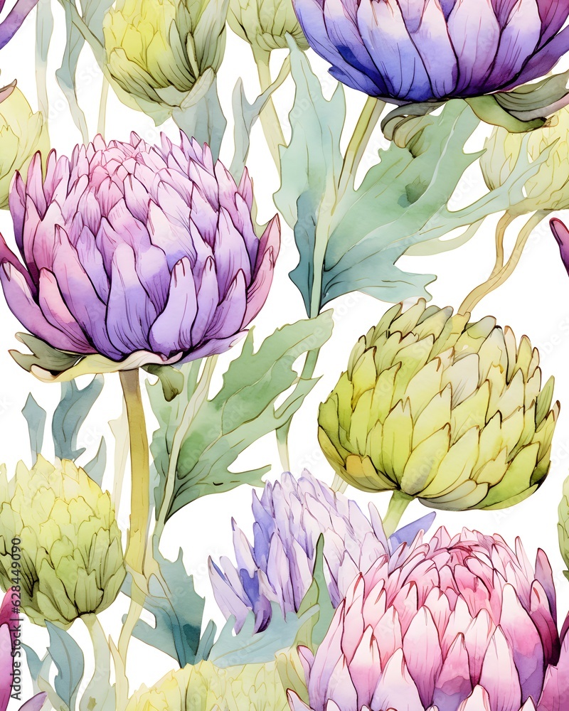 Fototapeta premium Artichoke tileable watercolor hand drawn seamless pattern created with Generative AI technology